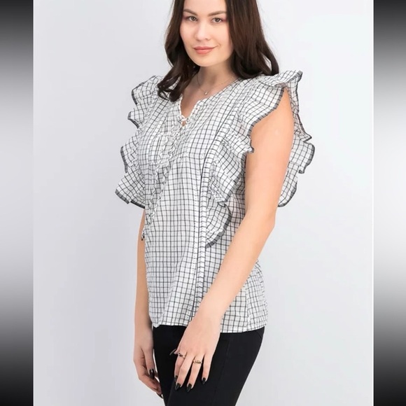 Anthropologie Scotch & Soda Lace Up Neck Ruffle Sleeve Top, White/Navy
Medium - Picture 5 of 12